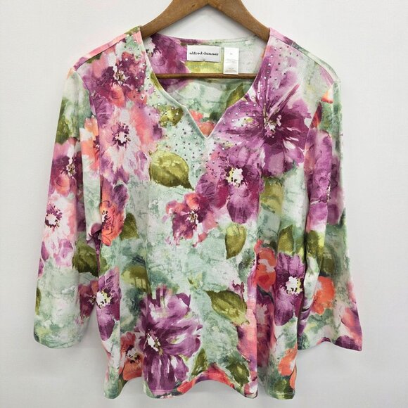 Womens Knit Top XL Floral Embellished 3/4 Sleeve V-Neck Boho Fairy Whimsical - Picture 2 of 12